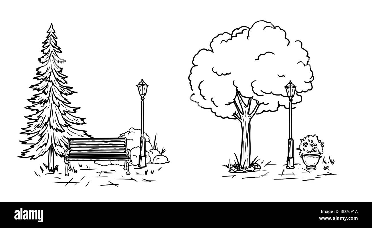 Un albero e una panchina, accanto a una lanterna, alberi di Natale e un club sul prato del parco, uno schizzo. Un insieme di composizioni isolate su uno sfondo bianco Illustrazione Vettoriale