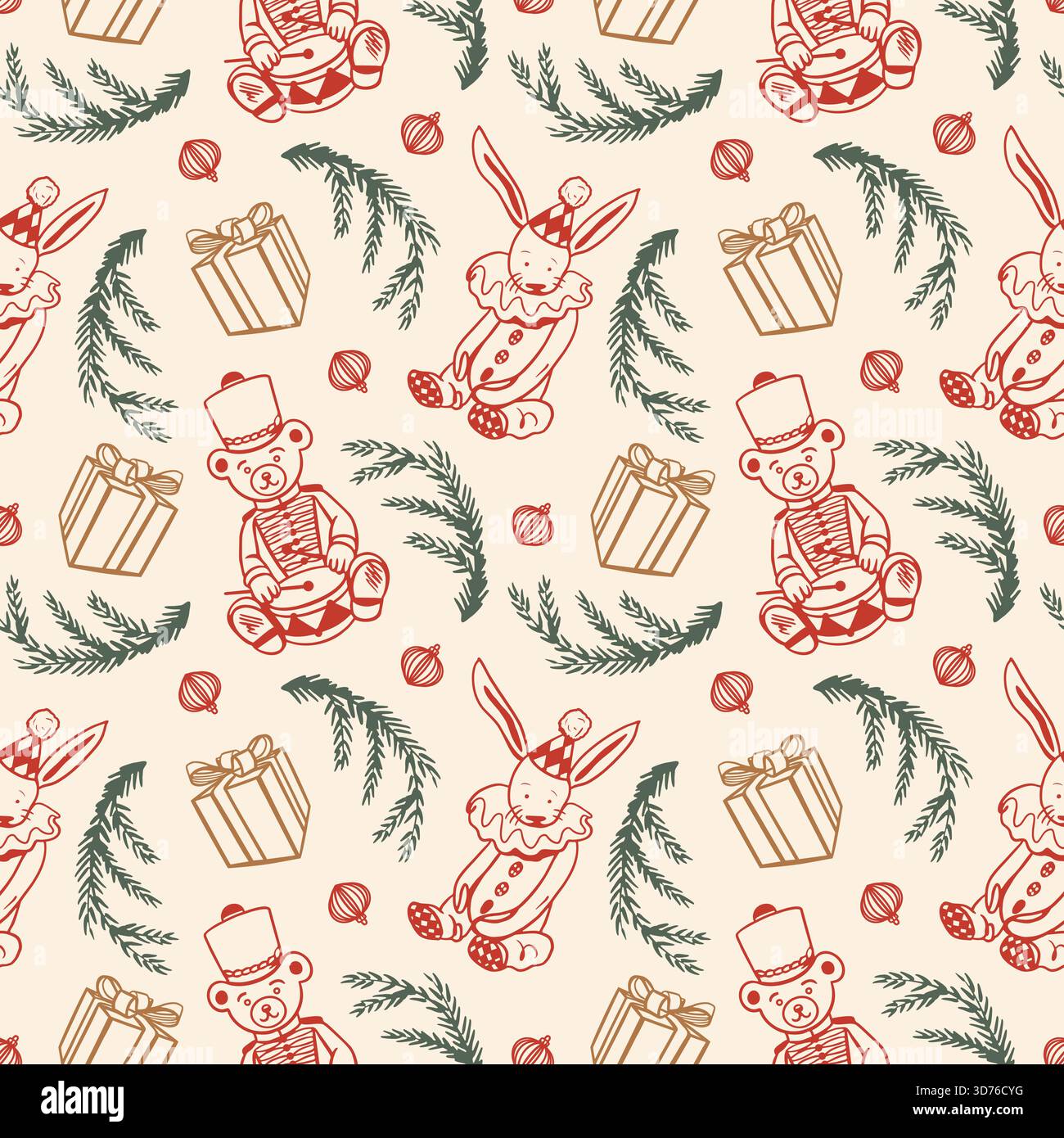 Motivo natalizio senza cuciture con orso, regalo, ramo di abete e coniglio. Illustrazione grafica a linee pastello vettoriali disegnata a mano per confezioni di Capodanno, tessuti Illustrazione Vettoriale