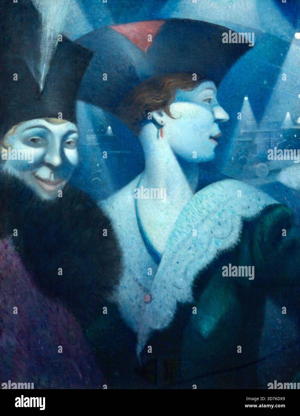 Christopher Nevinson - profitto di guerra - (1914-1918) - raffigura due sfarzose figure, probabilmente donne, che sfoggiano la ricchezza accumulata durante la guerra. I loro elaborati cappelli, trucco e vestiti contrastano nettamente con la sofferenza del mondo. L'uso stilizzato delle tonalità blu può accentuare il loro atteggiamento freddo e distaccato. L'opera è un commento critico su coloro che hanno tratto profitto dal conflitto, ignorando la devastazione che li circonda. Foto Stock