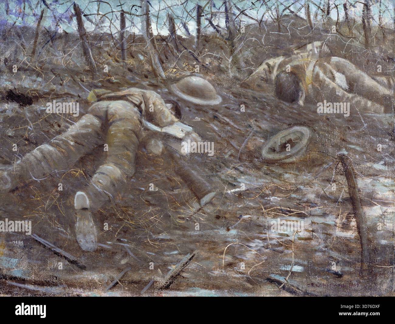 Christopher Nevinson - Paths of Glory - 1917 - ritrae una triste scena sul campo di battaglia della prima guerra mondiale con i corpi di due soldati britannici morti sdraiati a faccia in giù nel fango. I soldati, circondati da detriti, tra cui elmetti e un groviglio di filo spinato, rappresentano il costo umano e l'ignominia della guerra di trincea. Il titolo stesso è una citazione ironica, che sottolinea la tragedia della guerra. Foto Stock