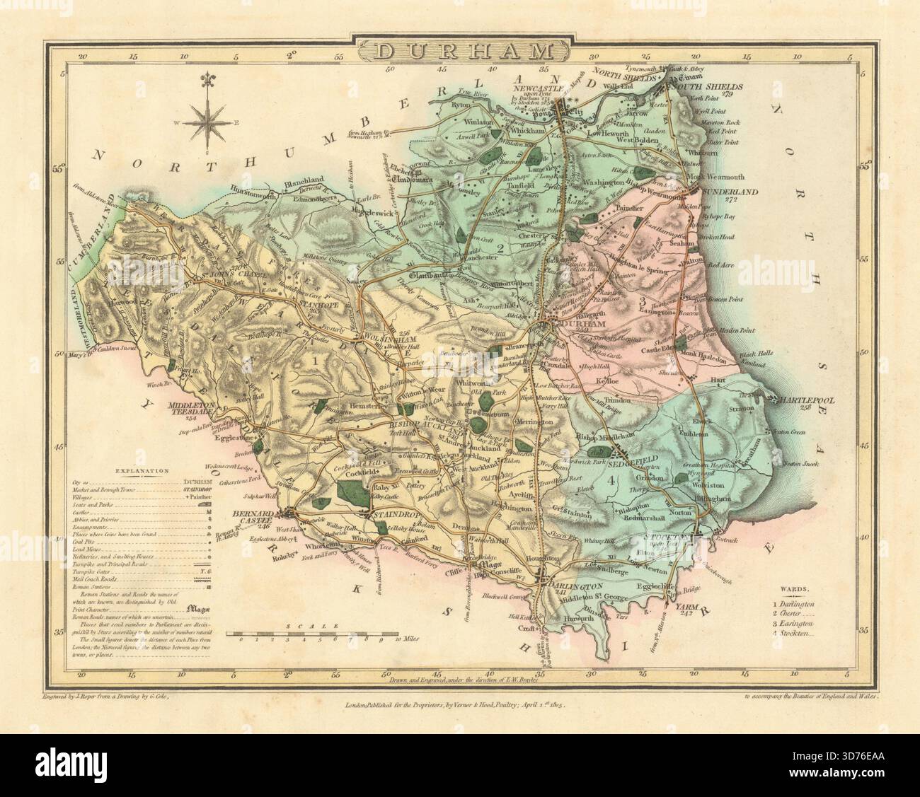 Antica mappa della contea di Durham colorata a mano di George Cole & John Roper 1810 Foto Stock