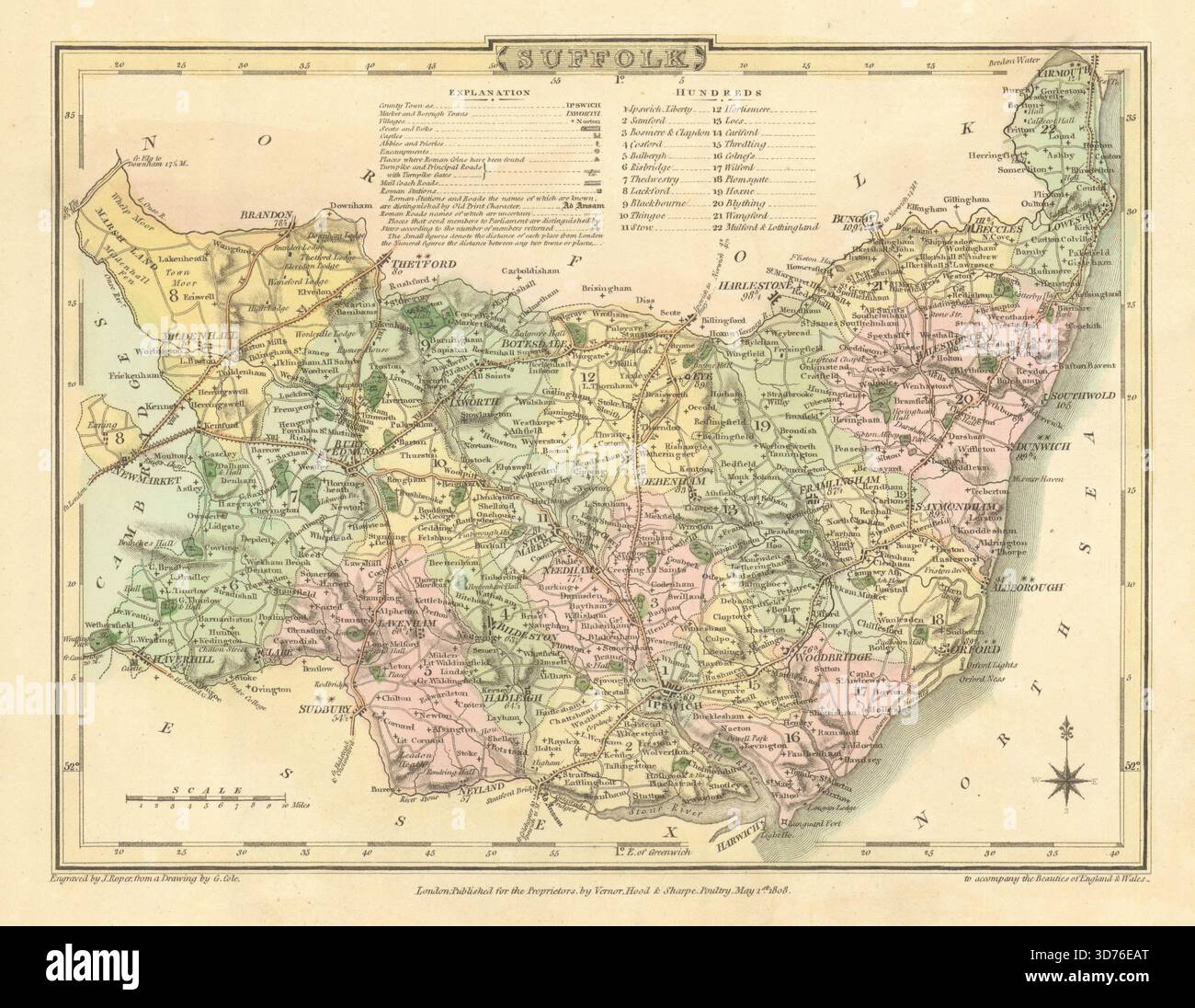 Antica mappa colorata a mano della contea di Suffolk di George Cole & John Roper 1810 Foto Stock