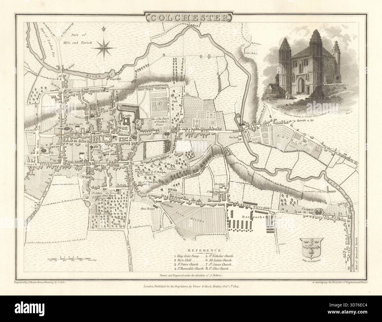 Antica pianta cittadina di Colchester di George Cole e John Roper. Essex 1810 Foto Stock