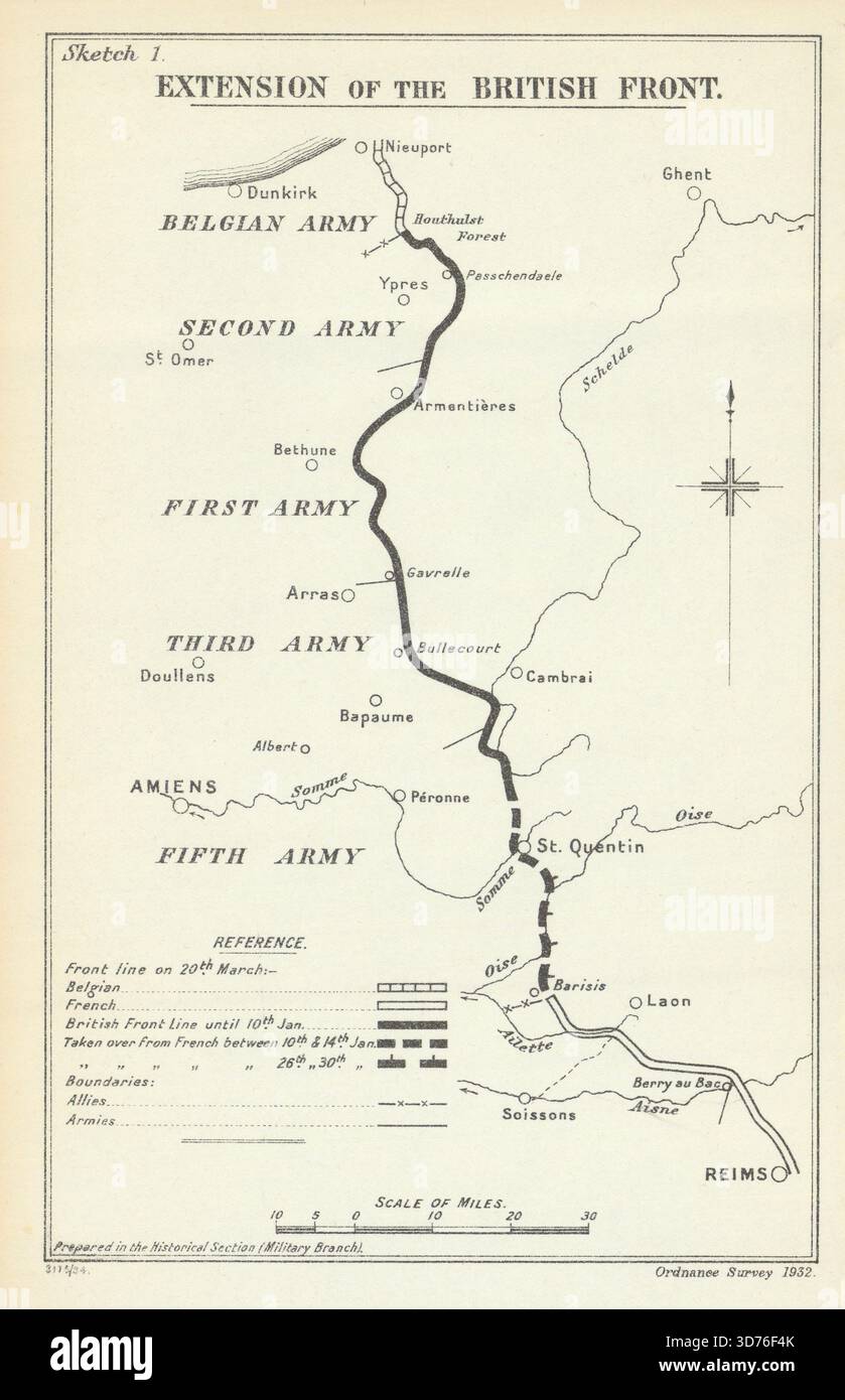 Offensiva di primavera tedesca 1918. Estensione del fronte britannico. Vecchia mappa WW1 1935 Foto Stock