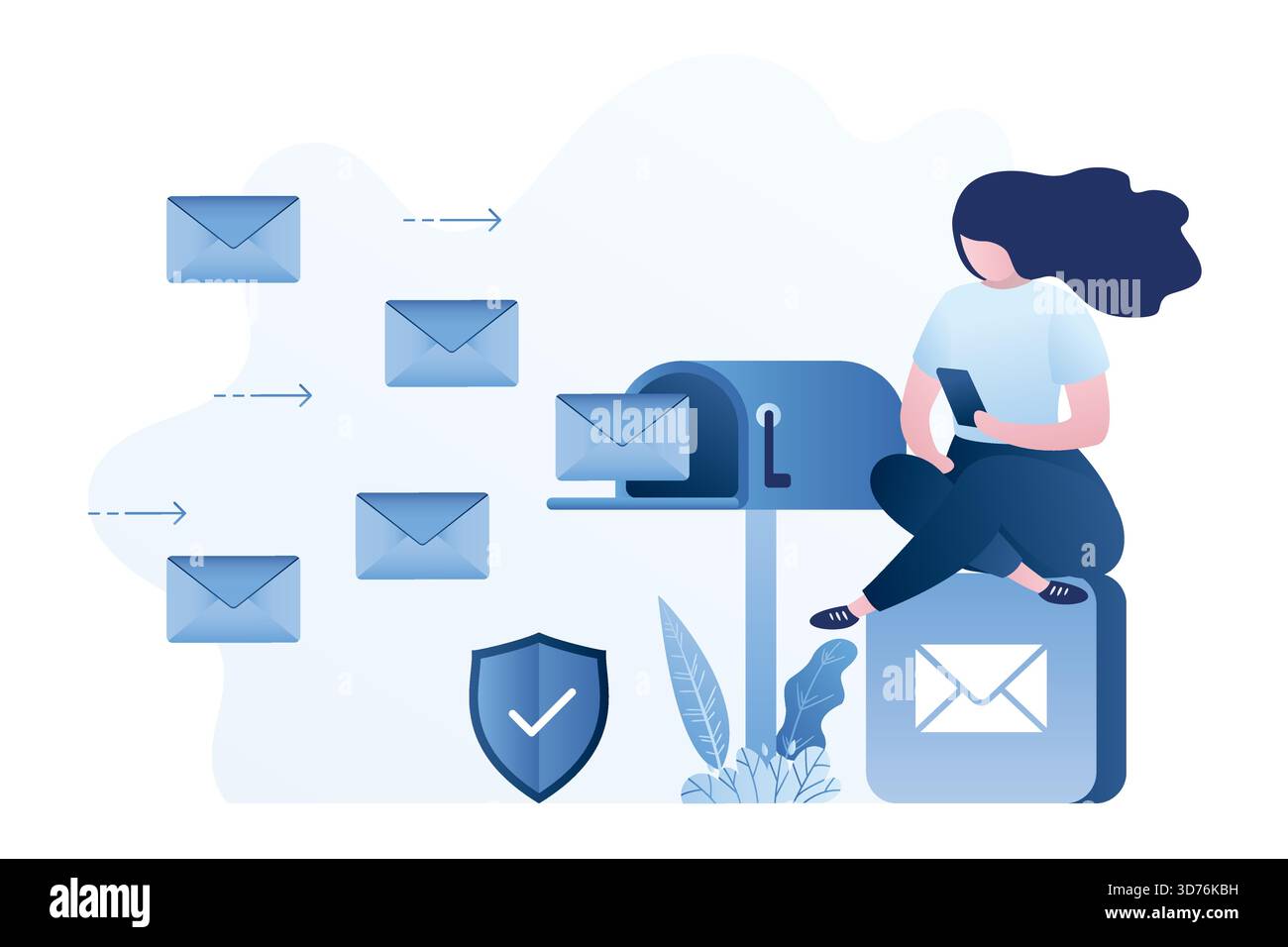 Una donna d'affari legge la posta sullo smartphone. E riceve lettere. Una donna di bellezza riceve un'e-mail. Concetto di marketing digitale. Sicuro e veloce Illustrazione Vettoriale