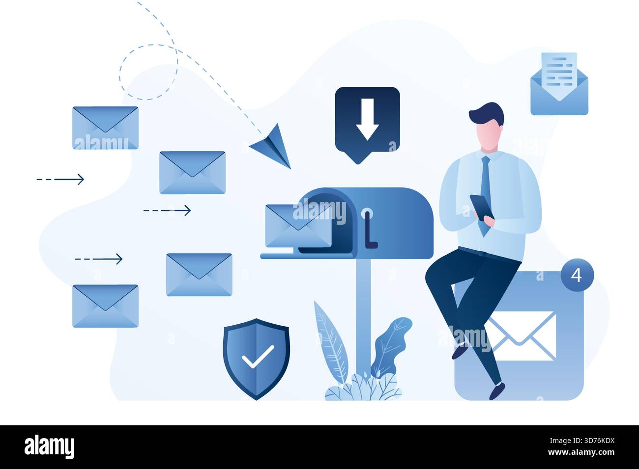 Un uomo d'affari legge la posta sullo smartphone. E riceve lettere. Bel dipendente maschio riceve e-mail. Concetto di marketing digitale. Sicuro e veloce m Illustrazione Vettoriale