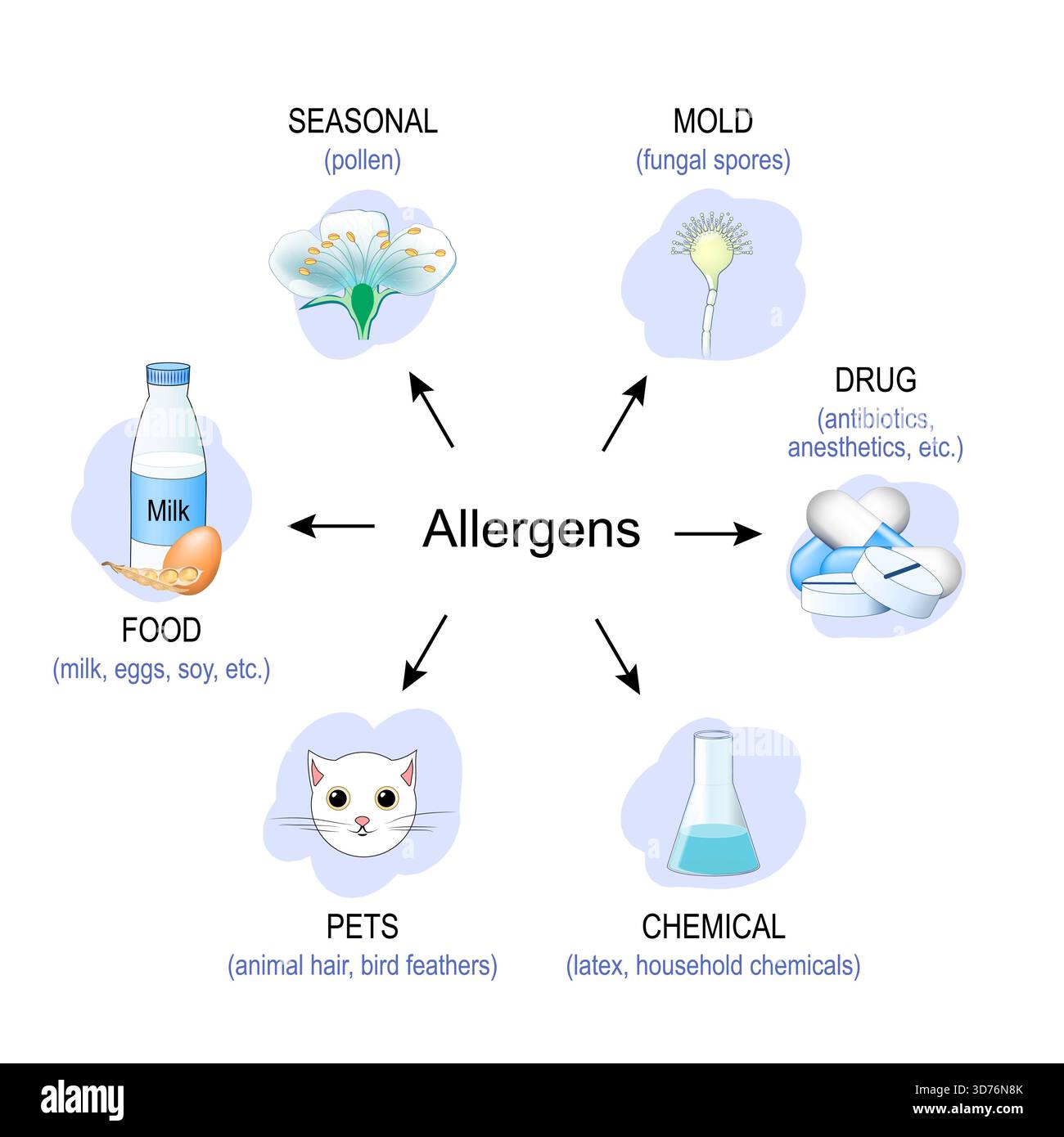 Tipi di allergeni. Fattori scatenanti ambientali dell'allergia. Antigeni. Illustrazione vettoriale Illustrazione Vettoriale