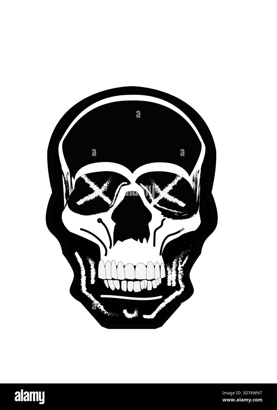 Illustrazione del cranio bianco e nero. Le prese a occhiello sono contrassegnate con forme a "X" bianche. Foto Stock