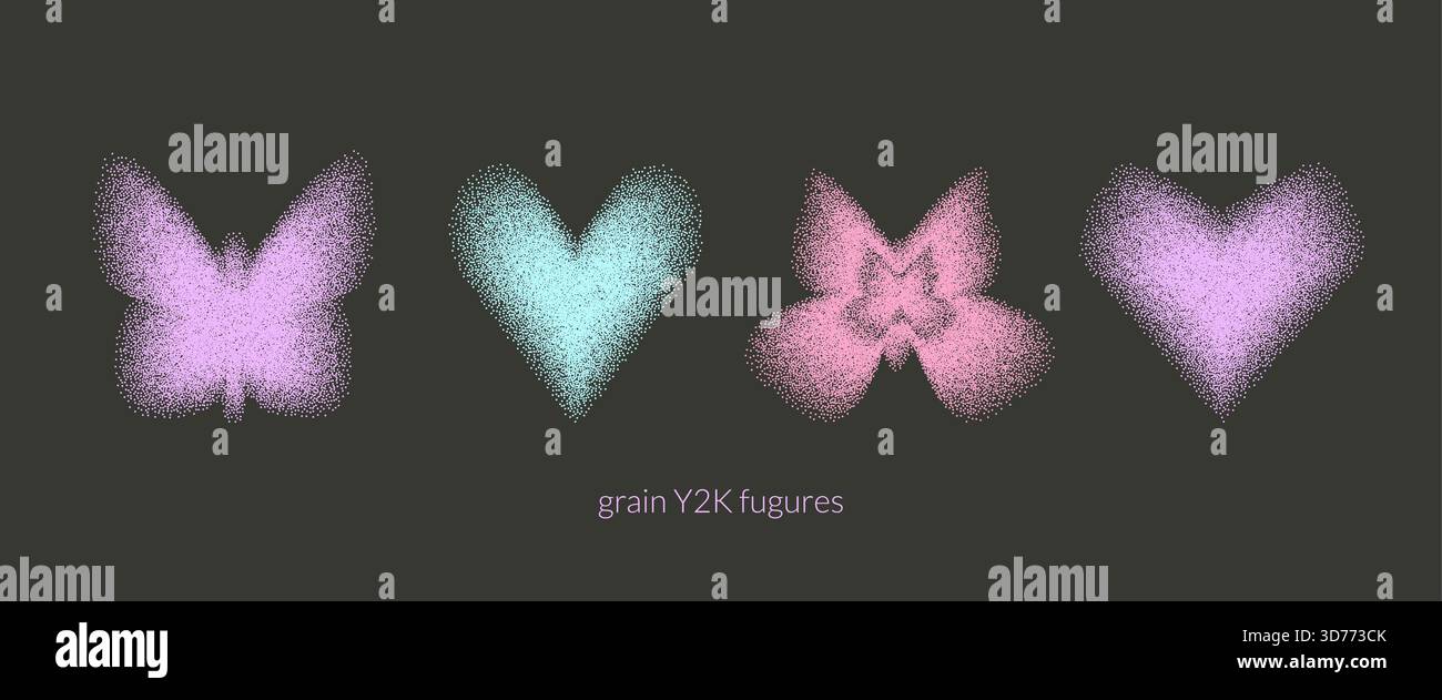 Forme a farfalla semplici e colorate con gradiente di rumore granulosità. Set moduli stippling retro Y2K. Cuori, icone a farfalla isolate su sfondo nero. V Illustrazione Vettoriale