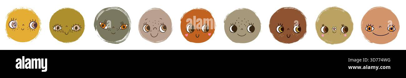 Simpatici e stravaganti volti rotondi dei cartoni animati, simpatici personaggi vettoriali astratti con bocca e occhi, forme di doodle disegnate a mano con bordi ruvidi in una terra neutra Illustrazione Vettoriale