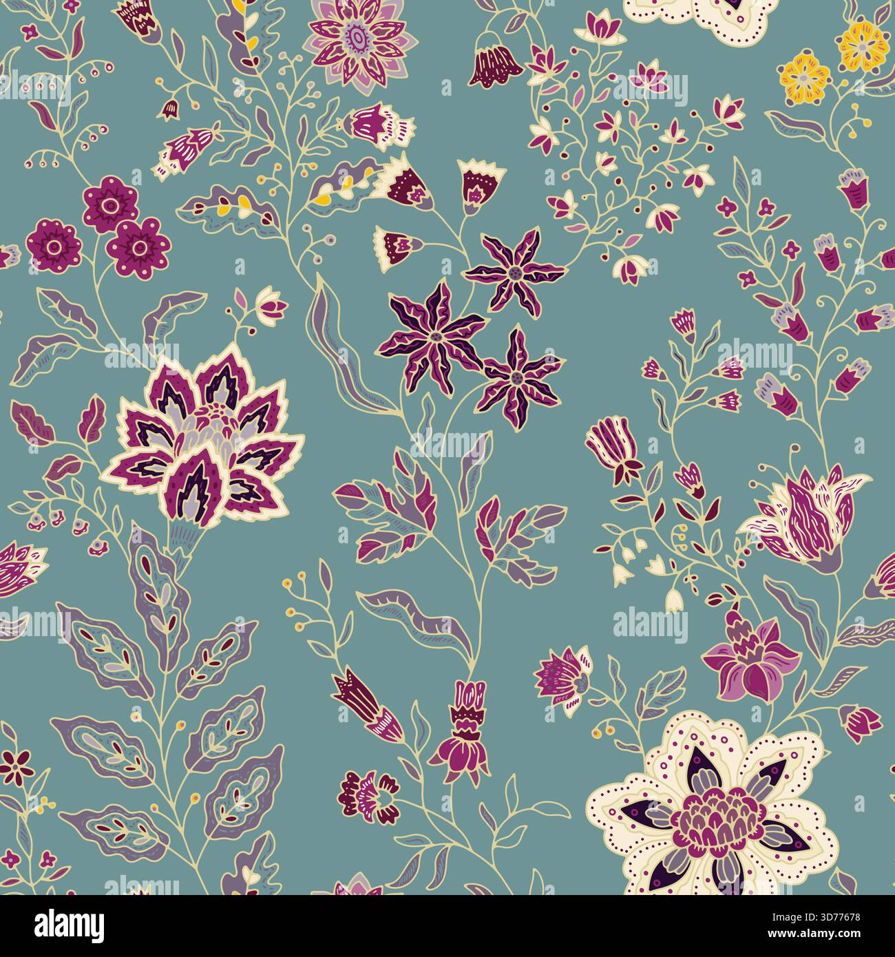 Fantasia vintage con fiori da giardino color ottanio Illustrazione Vettoriale