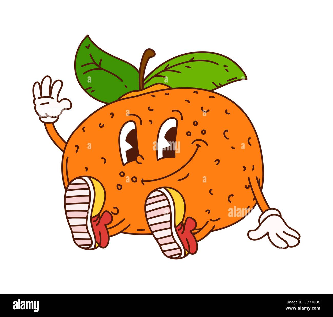 Un simpatico personaggio natalizio mandarino con un sorriso brillante. Il simpatico personaggio Fruit indossa eleganti sneakers gialle e festeggia le festività vi Illustrazione Vettoriale