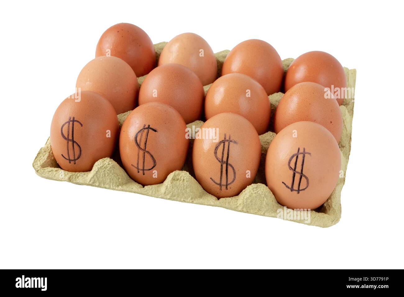 Uova segnate con segni del dollaro, che simboleggiano forti aumenti di prezzo. Isolato sul bianco per i concetti economici, di inflazione e di costo di mercato. Foto Stock
