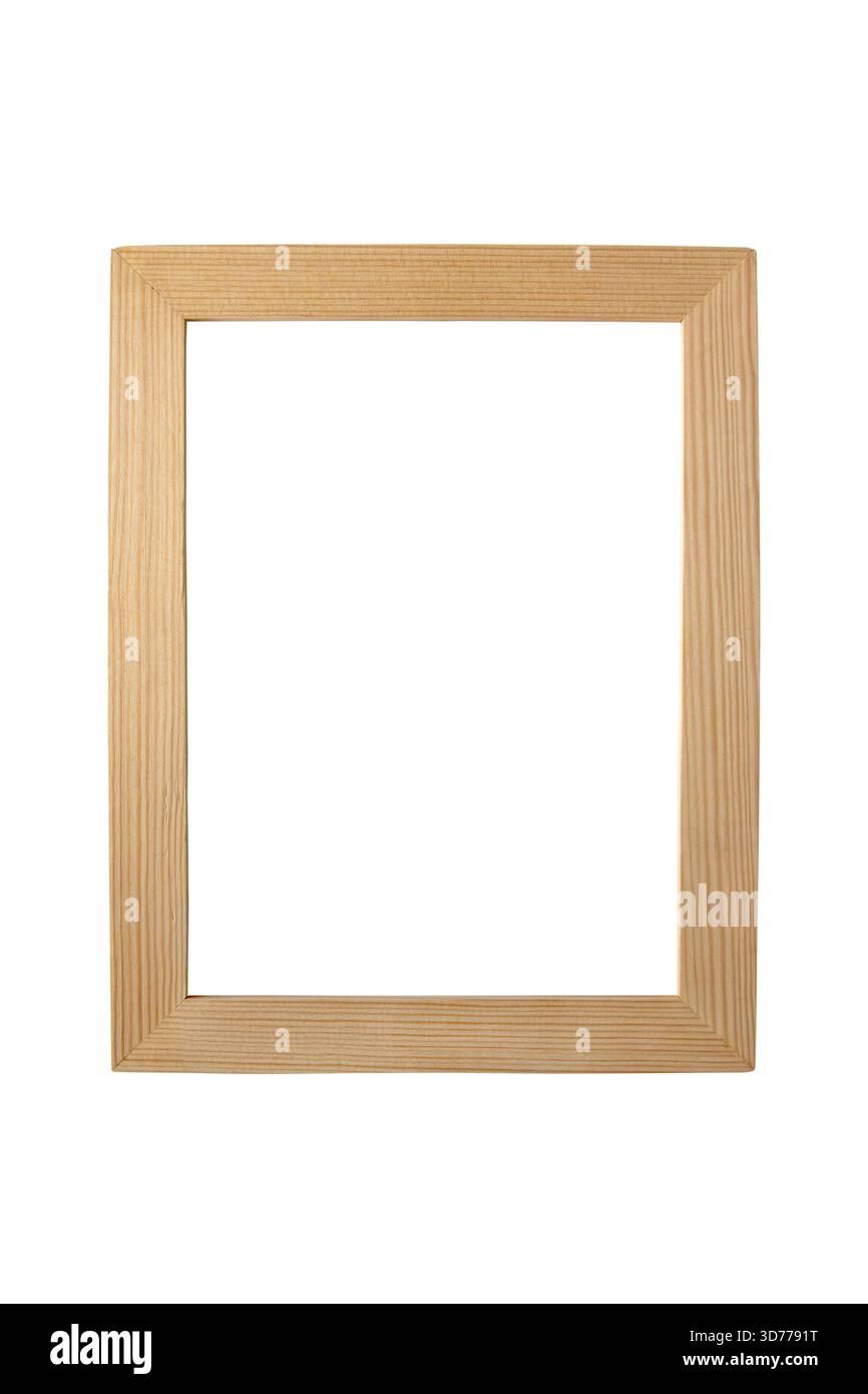 Cornice minimalista in legno di pino chiaro per opere d'arte, poster o foto isolate sul bianco. Ideale per mockup di interni scandinavi e moderni. Foto Stock