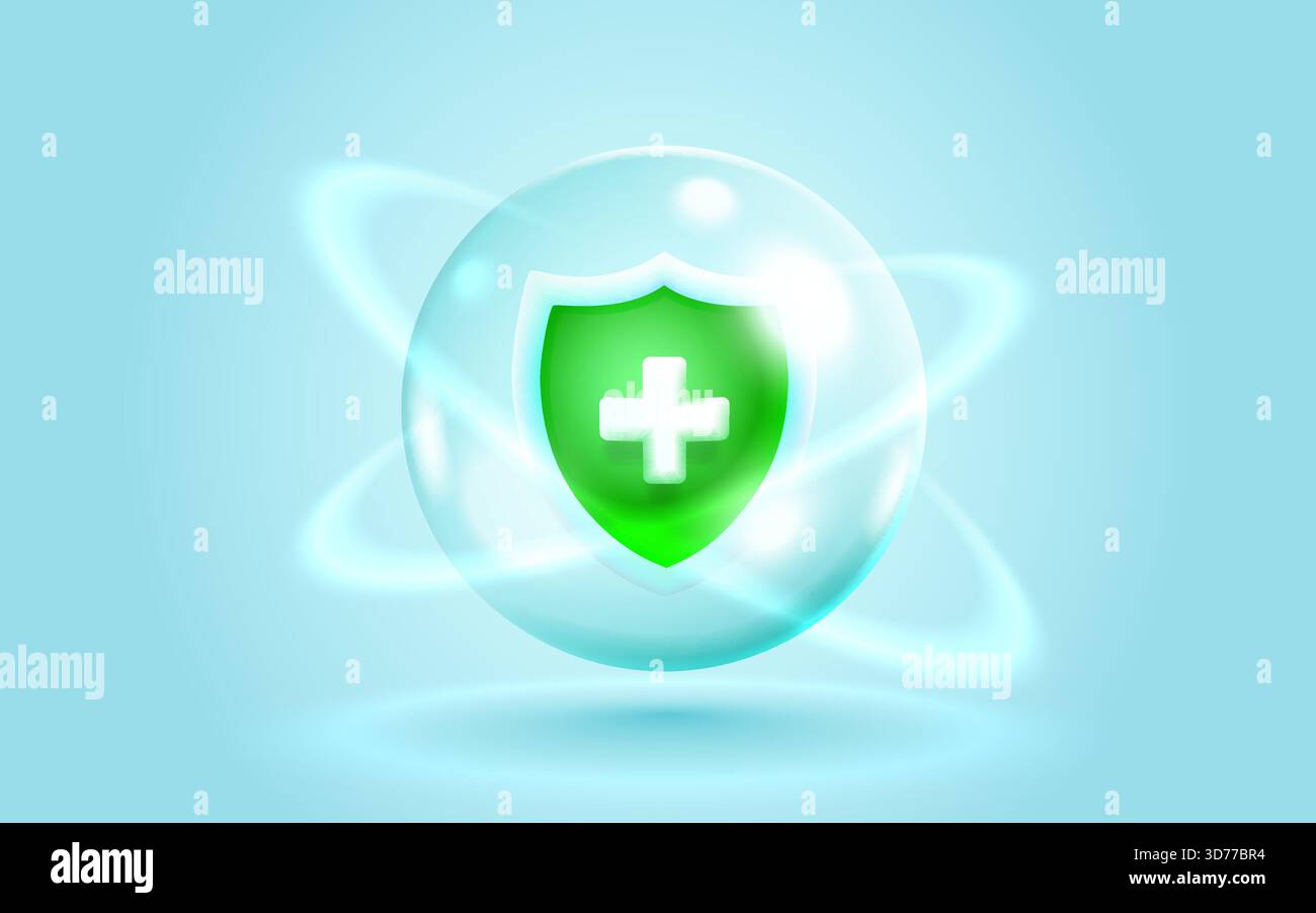 Concetto di immunità o protezione della salute con uno scudo e un'icona medica croce all'interno di una sfera luminosa. Illustrazione vettoriale Illustrazione Vettoriale