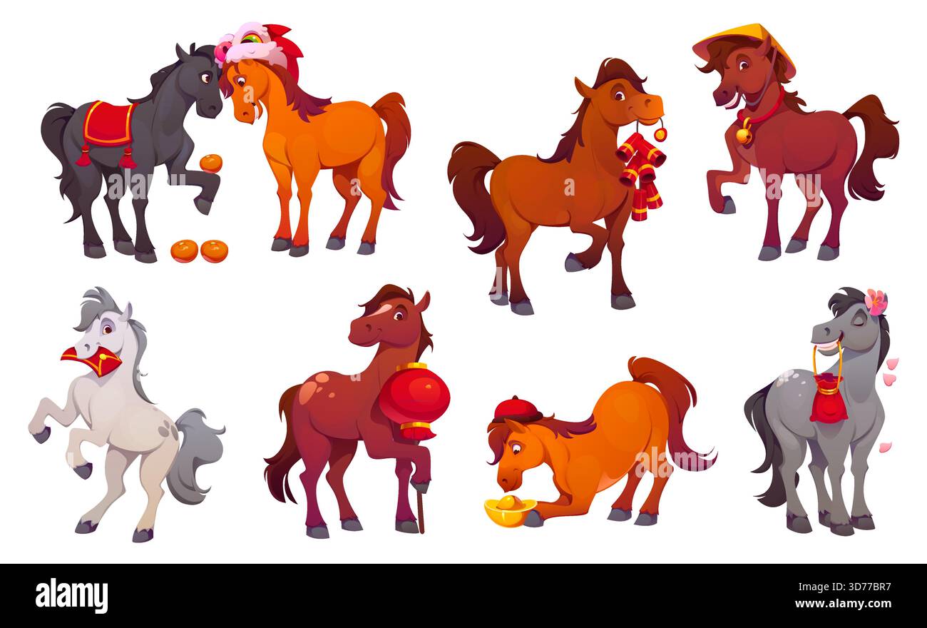 Personaggi dei cartoni animati, animale lunare cinese del capodanno con accessori festivi, lanterna, monete, frutti d'arancia, busta dei soldi, lingotto d'oro e traditore Illustrazione Vettoriale