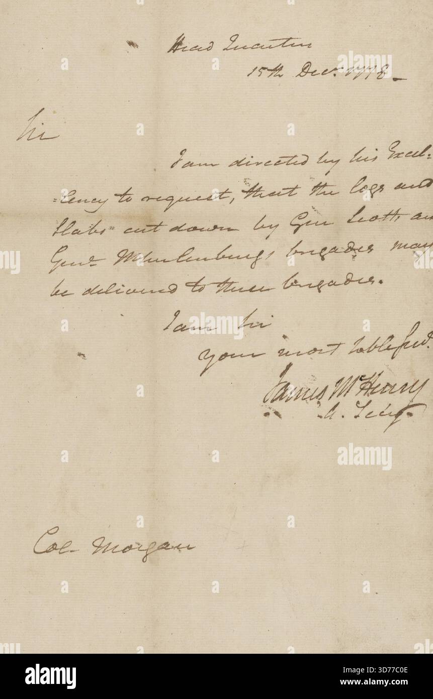 Una lettera di James McHenry presso il quartier generale, indirizzata al colonnello Daniel Morgan, datata 15 dicembre 1778. Il documento ha una lunghezza di una pagina Foto Stock
