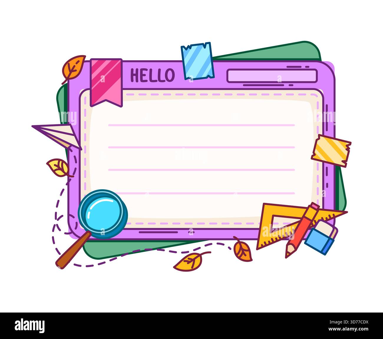 Cartoleria scolastica per bambini, cornice per appunti. Strumenti di apprendimento vettoriale per la pianificazione delle classi adesivo, cornice di album. Pianifica memo educativo per bambini, nota wi Illustrazione Vettoriale