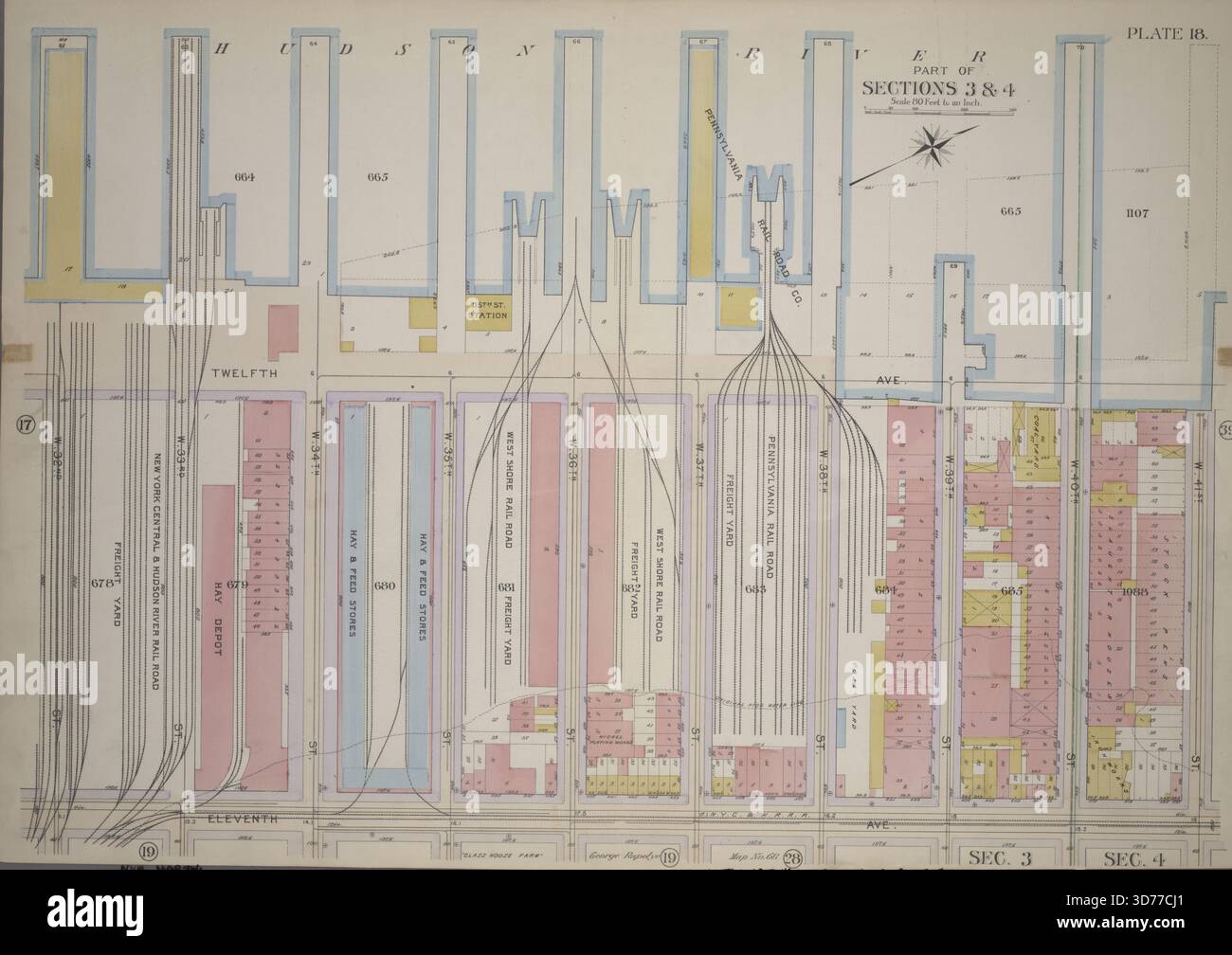 Placca 18, parte delle sezioni 3 e 4 delimitata da Twelfth Avenue, W. 41st Street, Eleventh Avenue, e W. 34th Street, 1899. Pubblicato da G.W. Bromley & Co. A Philadelphia. Questa mappa rappresenta un immobile a Manhattan, New York Foto Stock