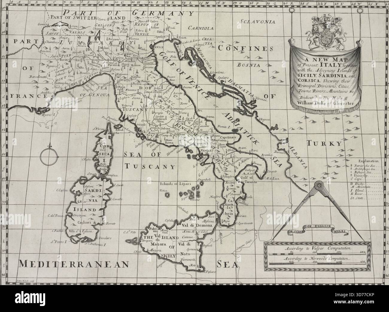 Una mappa storica dell'Italia attuale, che comprende le isole adiacenti di Sicilia, Sardegna e Corsica. La mappa evidenzia le principali divisioni, città, città, fiumi e montagne. Pubblicato nel 1700, fu pubblicato a Oxford allo Sheldonian Theatre. Il titolo aggiuntivo è "Italia, Sicilia, &c." La mappa è associata agli atlanti britannici e ai temi della geografia antica nell'educazione Foto Stock