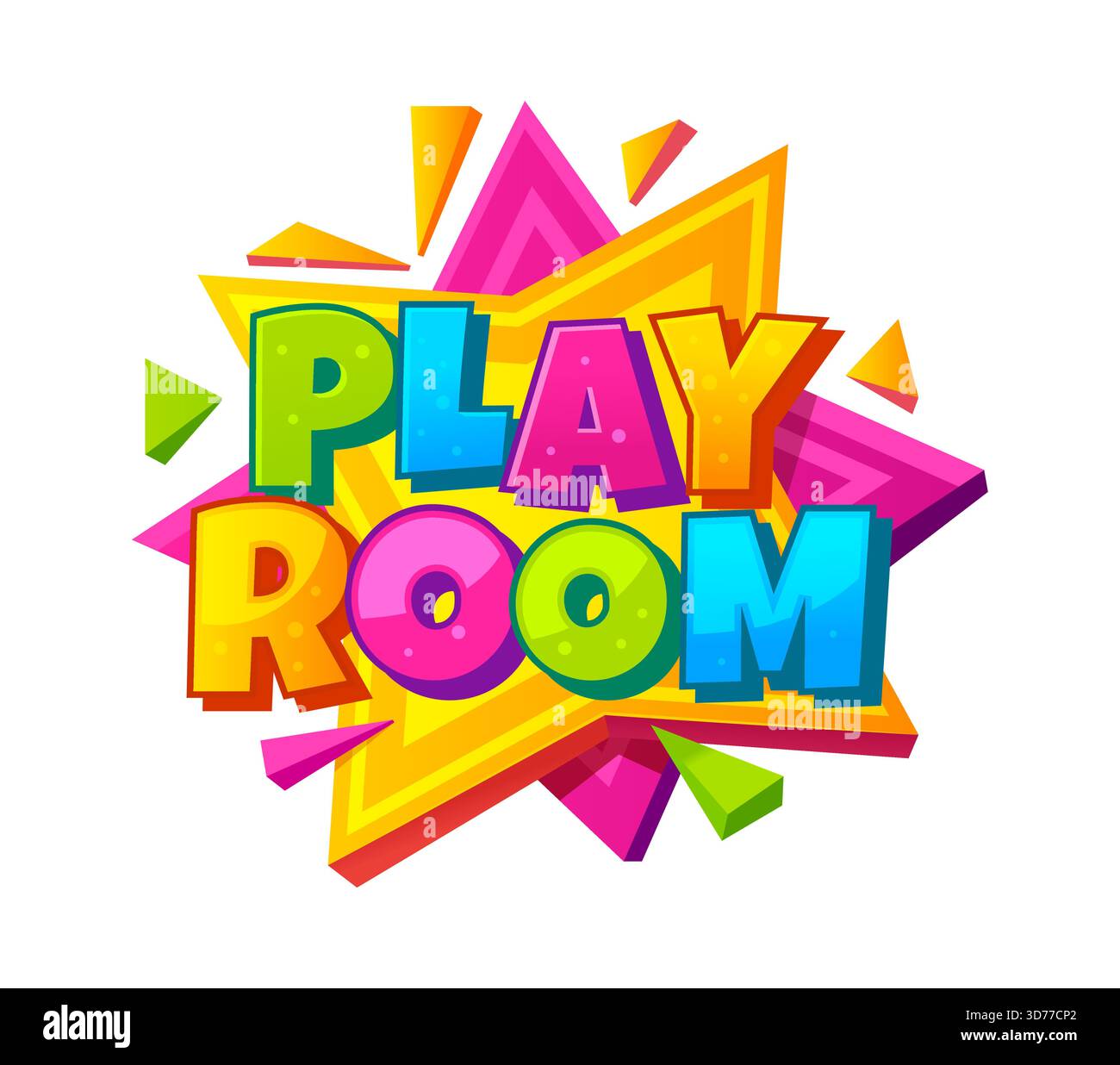 Icona o etichetta colorata della zona giochi per bambini. Area giochi per bambini etichetta isolata o adesivo, icona vettoriale cartoni animati sala feste per bambini. Banner o labbra per il parco divertimenti Illustrazione Vettoriale