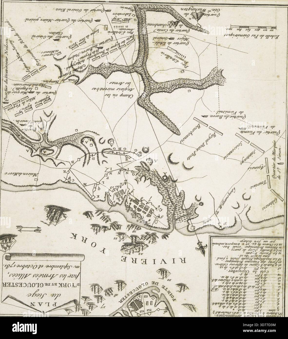 Plan du siège de New York et de Gloucester par les Armées Alliées, en septembre et octobre 1781. Rilasciato nel 1781, forse a Parigi. Questa mappa, misura 22 x 20 cm, raffigura l'assedio di Yorktown, Virginia, durante la Rivoluzione americana (1775-1783), insieme alle relative campagne. E' classificato come opera iniziale del 1800 Foto Stock