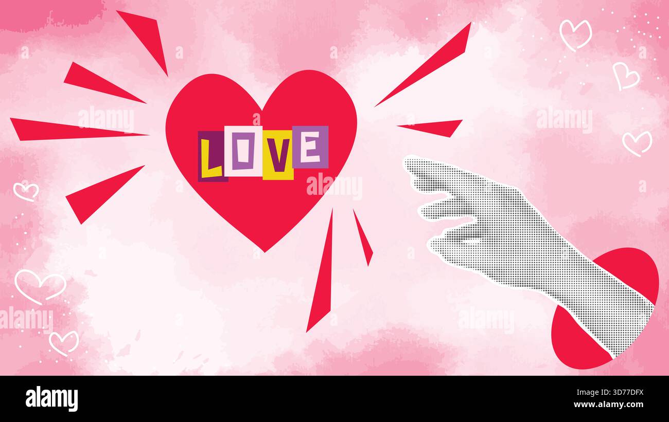 La mano raggiunge il cuore rosso con la parola AMORE. Moderno banner in stile collage per San Valentino. Sfondo acquerello con elementi mezzitoni, vettore Illustrazione Vettoriale