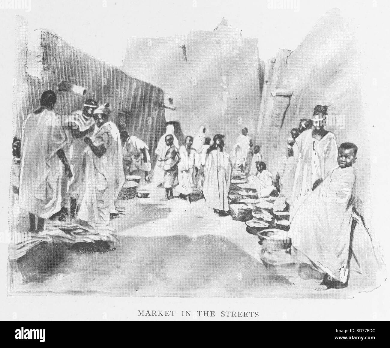 Mercato per le strade, 1897, Londra. Editore, W. Heinemann. Raffigura la vita cittadina e cittadina in Mali, mostrando venditori e mercati di strada, mettendo in evidenza la vita di strada dei Maliani in Africa Foto Stock