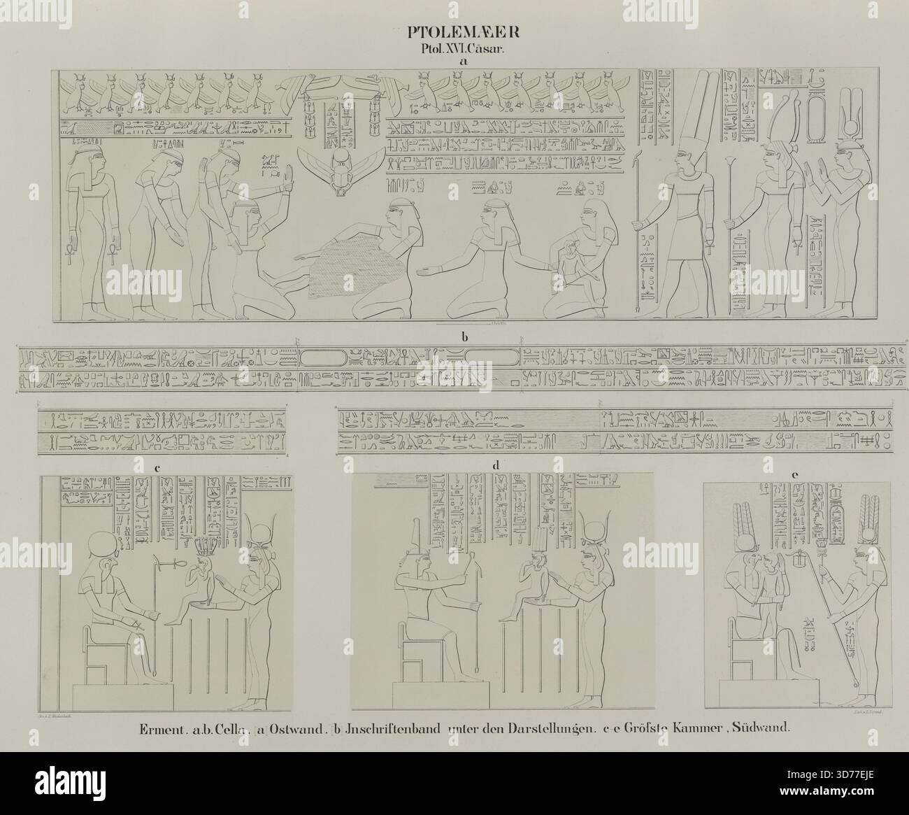 Una raffigurazione intitolata "Ptolemaeer". Ptol. XVI. Cäsar. Erment Armant,' caratterizzato da elementi dell'antico Egitto. Il layout comprende i seguenti a) la cella (camera interna), b) una fascia di iscrizioni situata sotto le rappresentazioni, e c-e) illustrazioni della camera più grande sulla parete sud. L'opera fu creata tra il 1849 e il 1856 a Berlino e pubblicata da Nicolaische Buchhandlung. Le immagini includono simboli, iscrizioni in geroglifici, scarabei, un sistro e scene di allattamento al seno, riflettenti le antichità egizie e la storia del 332-30 a.C. l'entità della presentazione Foto Stock