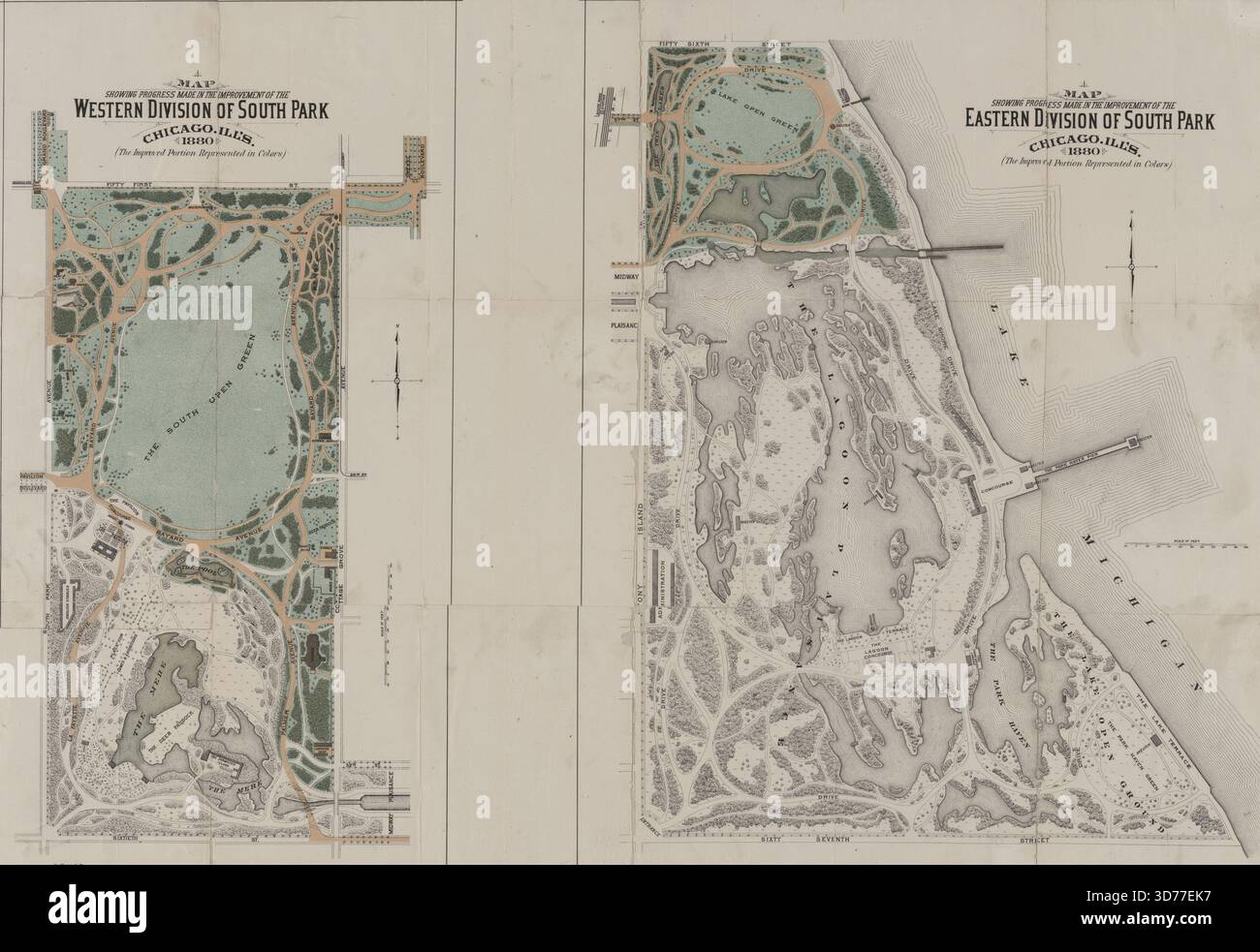 Mappe che mostrano i progressi compiuti nel miglioramento delle divisioni occidentale e orientale di South Park, Chicago, Illinois, nel 1880. Le porzioni migliorate sono rappresentate a colori., 1880., Chicago, Illinois., 2 mappe colorate su un foglio di 52 x 74 cm Foto Stock