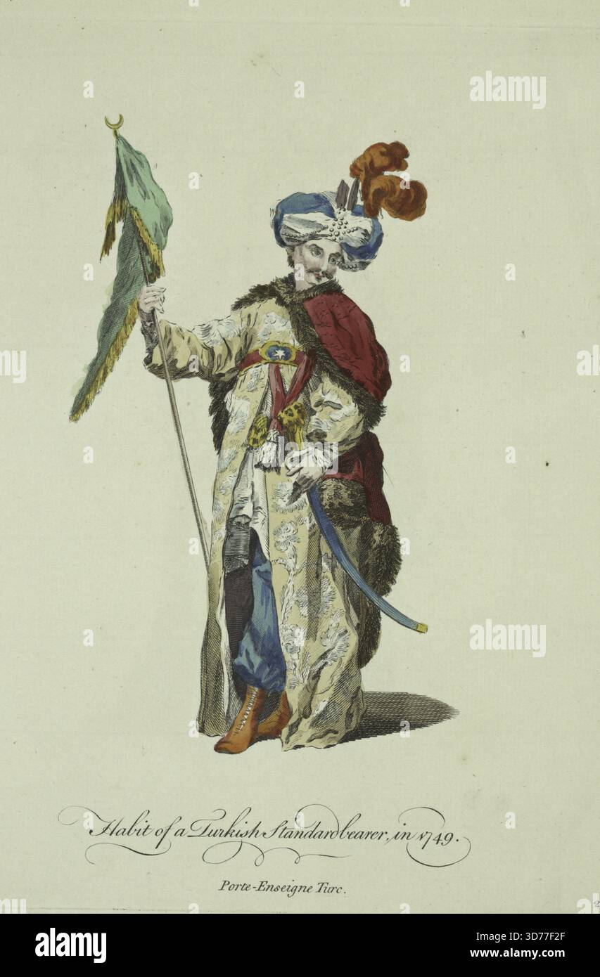 Un'incisione colorata a mano raffigurante l'abitudine di un portabandiera turco del 1749. L'immagine mostra l'abbigliamento e l'abbigliamento del personale militare in Turchia durante il periodo 1700-1799. La stampa fu pubblicata da T. Jefferys a Londra tra il 1757 e il 1772 Foto Stock