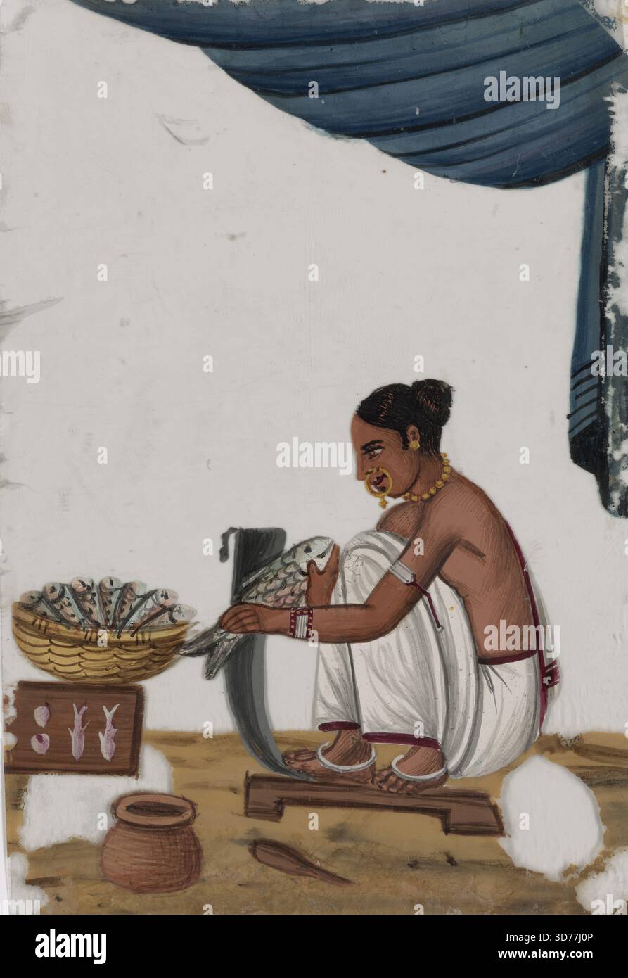 Pescivendolo seduto (la parte superiore del suo sari non è dipinta)., 1780 - 1858. Occupazioni -- India. Gouache. Gouache di acquerello su mica. Disegni, 119 x 83 mm Foto Stock