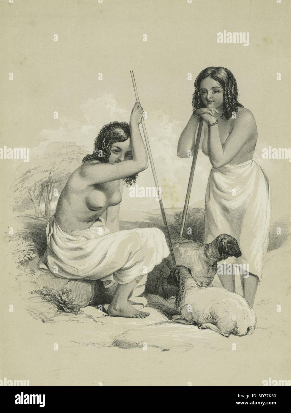 Women Shepherdesses, 1845, 1845, Londra, Editore, Dickinson and Son, Una rappresentazione di donne pastorali in un ambiente pastorale, che mostra i loro ruoli e le loro attività nella gestione delle pecore Foto Stock