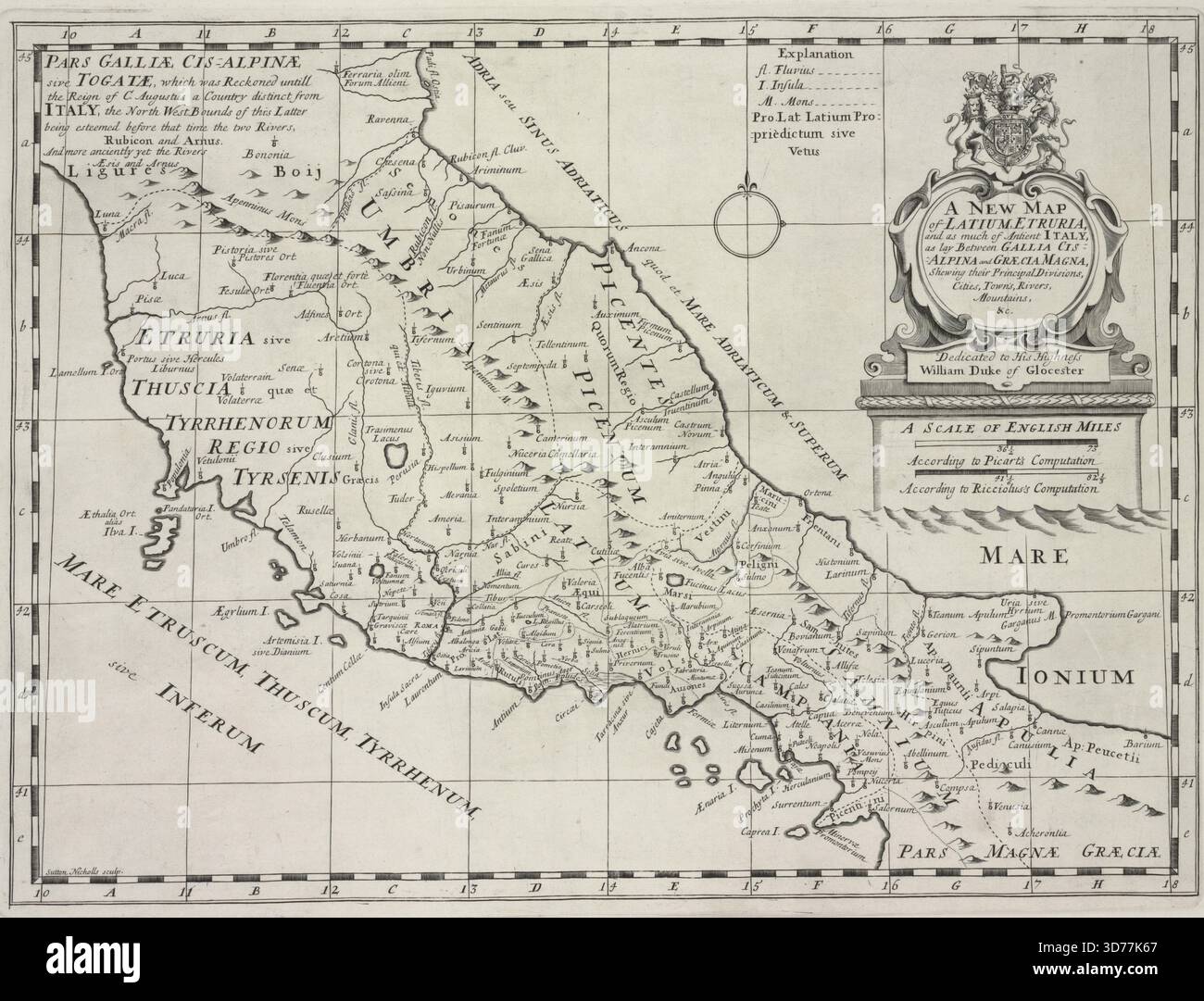Una nuova mappa del Lazio, dell'Etruria e dell'antica Italia, che illustra le regioni situate tra Gallia Cisalpina e Græcia Magna. La mappa mostra le principali divisioni, città, città, fiumi e montagne. Pubblicata nel 1700 dallo Sheldonian Theatre di Oxford, la mappa include un'aggiunta, "Lazio ed Etruria". È classificato sotto atlanti britannici, geografia antica e mappe nell'educazione Foto Stock