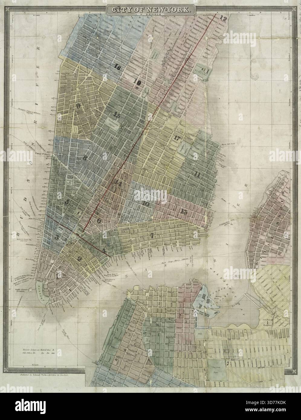 Città di New York, 1848, pubblicata da Edward Walker. La mappa presenta divisioni amministrative e politiche di Brooklyn e New York, compresa Williamsburg. Si tratta di una mappa colorata a mano che misura 57 x 43 cm Foto Stock