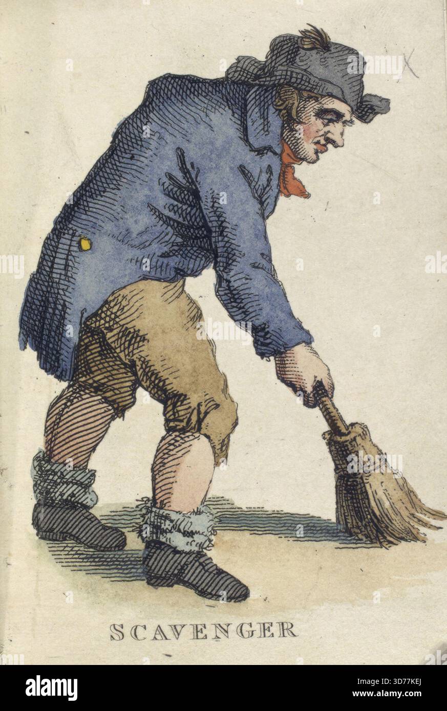 Slavenger, 1820, Londra, pubblicato da Samuel Leigh. L'immagine raffigura uomini della classe operaia impegnati nella pulizia delle strade, mostrando i loro vestiti e abiti tipici dell'Inghilterra durante quel periodo Foto Stock