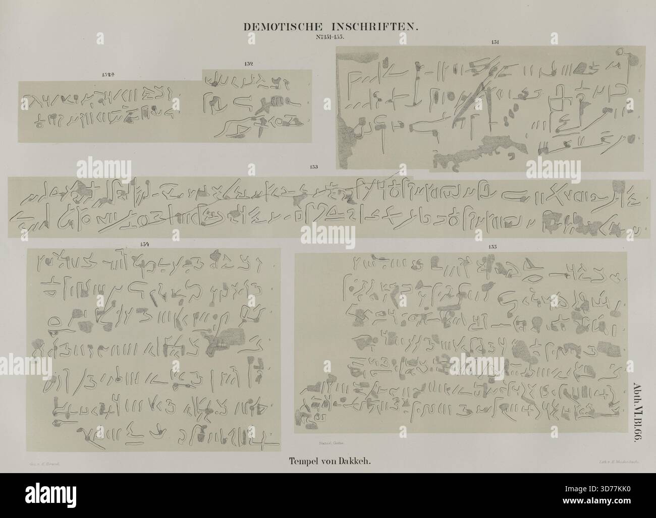 Iscrizioni demotiche n. 151-155 del Tempio di Dakkeh el-Dakka. Le immagini sono state create tra il 1849 e il 1856 e sono pubblicate da Nicolaische Buchhandlung a Berlino. Questa collezione presenta cinque immagini su una pagina, che mostrano iscrizioni in lingua egiziana, in particolare in scrittura demotica, datate intorno al 650 a.C. al 450 d.C. le immagini sono a grandezza naturale Foto Stock