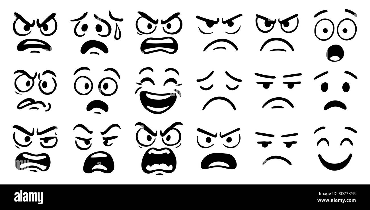 Varie espressioni del volto dei cartoni animati, tra cui emozioni felici, tristi, arrabbiate e sorprese, ideali per l'umore, emoji, o concetti di design dei personaggi, isolati su sfondo bianco illustrazione vettoriale Illustrazione Vettoriale