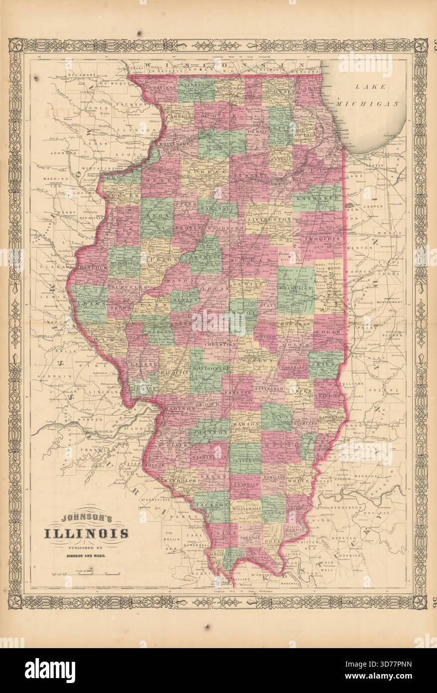 Johnson, Illinois. MAPPA dello stato DEGLI STATI UNITI che mostra le contee 1865 vecchia carta antica Foto Stock