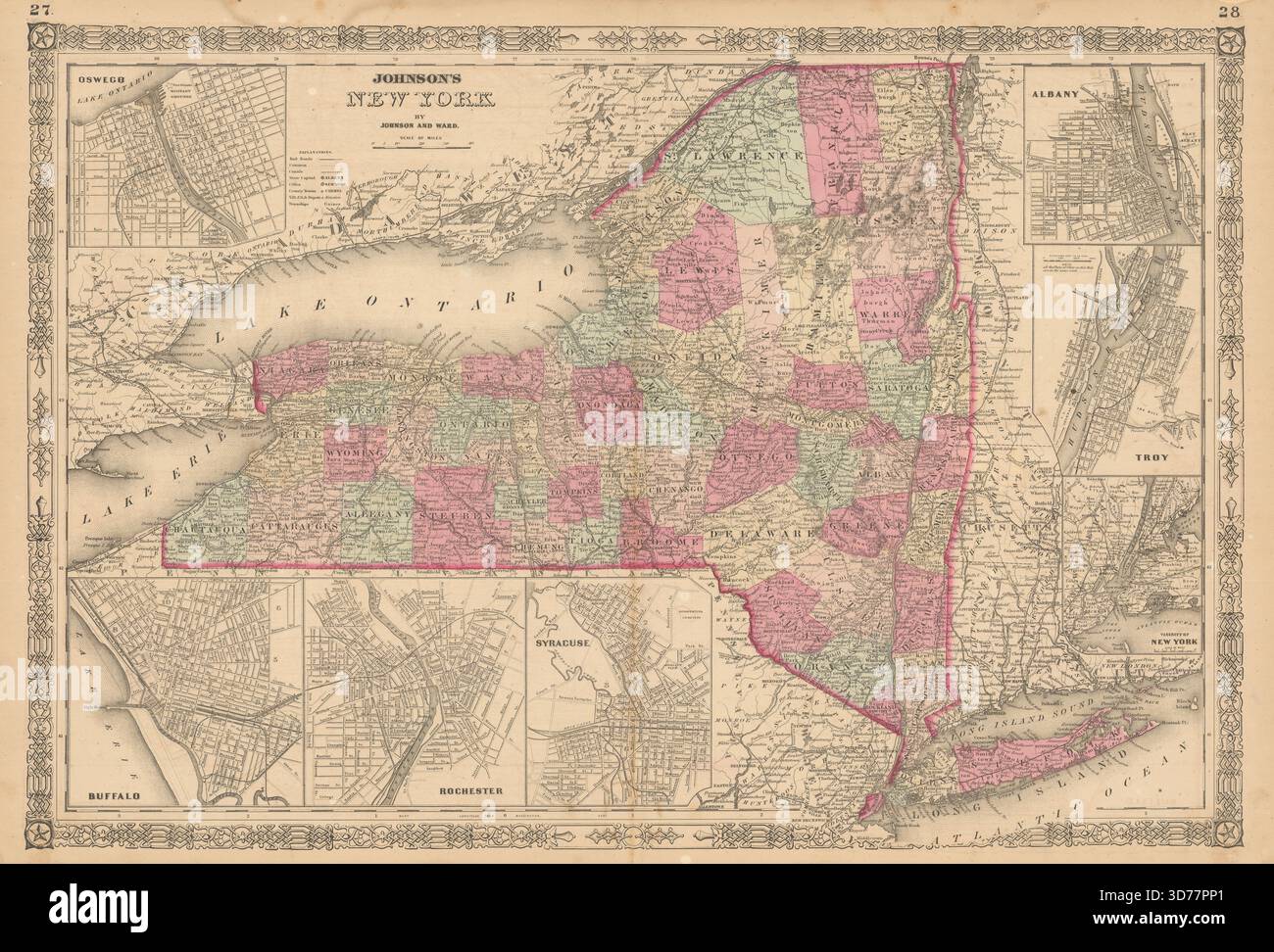 La mappa dello stato di New York di Johnson. Albany Troy Rochester Buffalo Syracuse 1865 Foto Stock