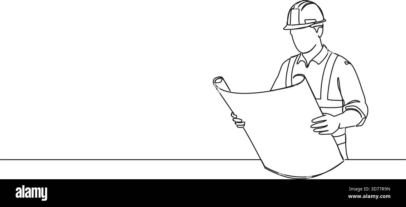 disegno continuo di un operaio edile che guarda al progetto, all'illustrazione vettoriale della line art. Illustrazione Vettoriale