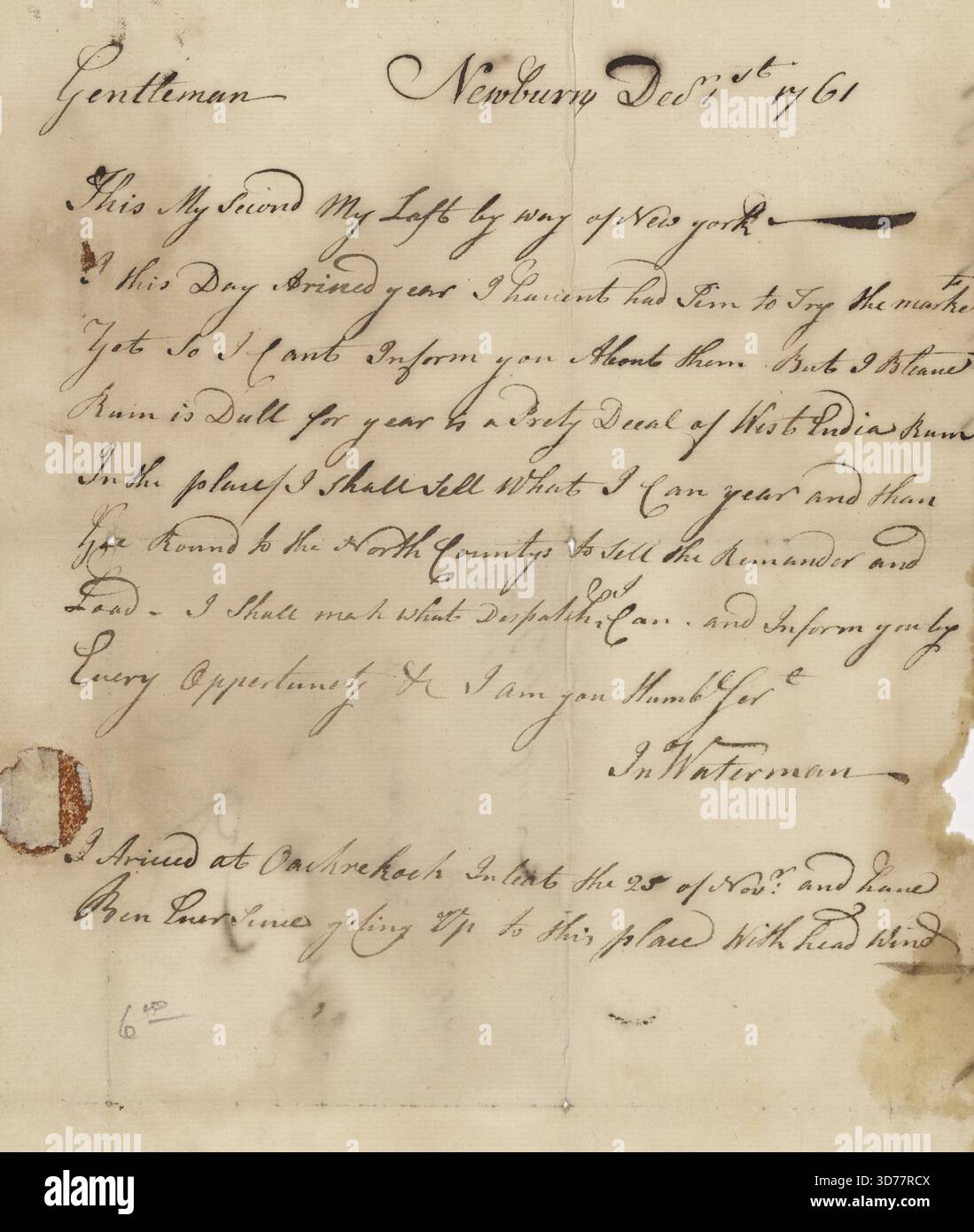Corrispondenza di John Waterman a Newbury con Arthur Fenner a Providence, datata 1 dicembre 1761. Il documento ha una lunghezza di una pagina Foto Stock