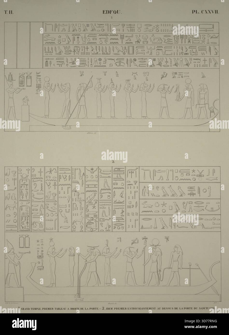 Edfou Idfû. 1) Gran tempio, Premier tableau à droite de la porte; 2. Idem, il primo entrecolonnement au-dessus de la porte du santuaire. Queste sei tavole (PLS. 23-28) raffigurano dodici bassorilievi che formano un unico soggetto in dodici parti la nascita del dio Har-Hat (la terza figura della triade adorata nel grande tempio di Edfou), insieme alle personificazioni della scienza e della luce celeste, rappresentata dal sole nel mondo materiale, la sua impostazione e le sue forme simboliche in ciascuna delle dodici ore del giorno, insieme ai nomi di quelle ore, editore Parigi, 1835 - 1845 Foto Stock
