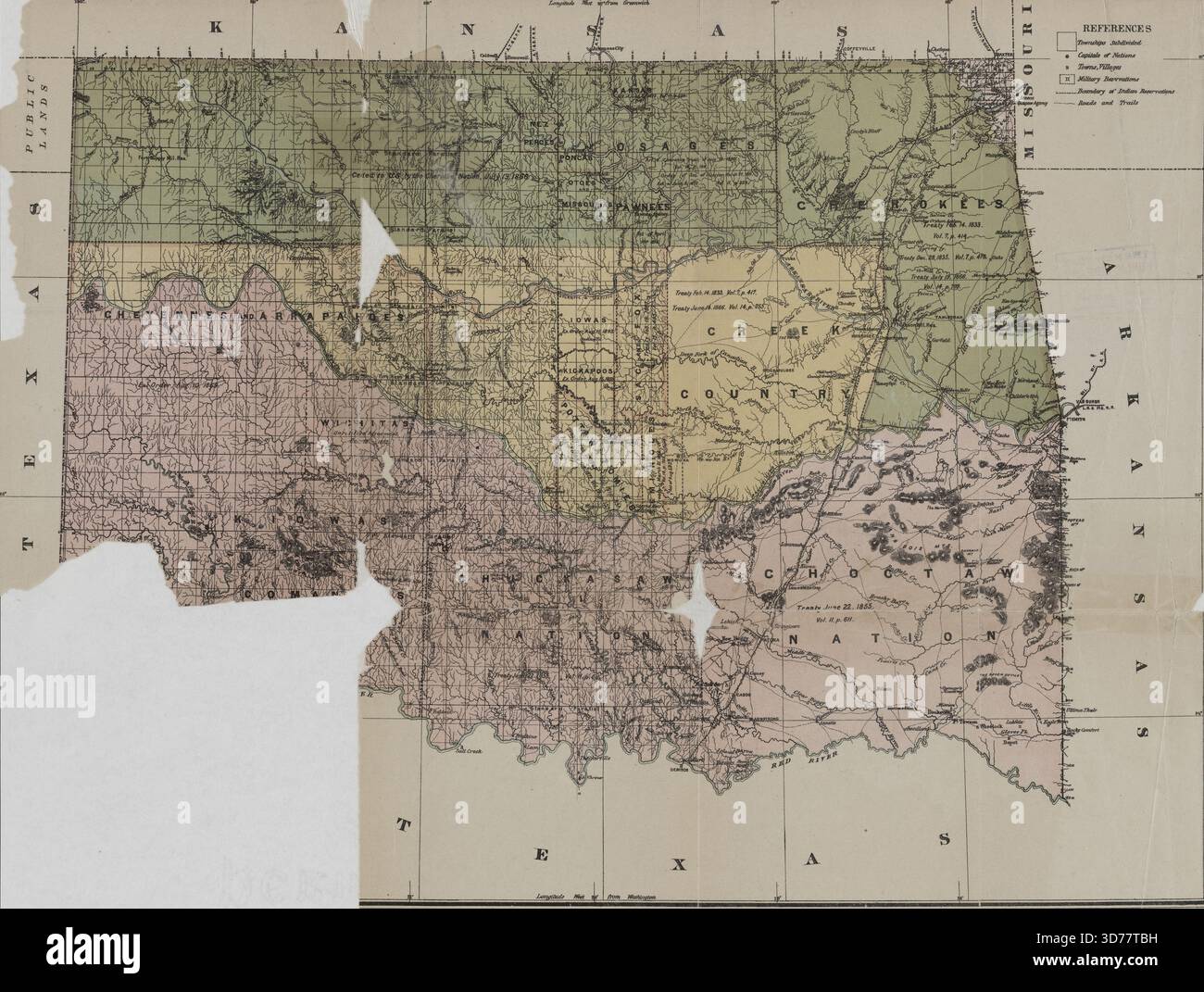 Una mappa a colori del territorio indiano del 1884, pubblicata dal Government Printing Office di Washington. La mappa misura 31 x 41 cm ed è correlata ai trattati che coinvolgono gli indiani del Nord America Foto Stock
