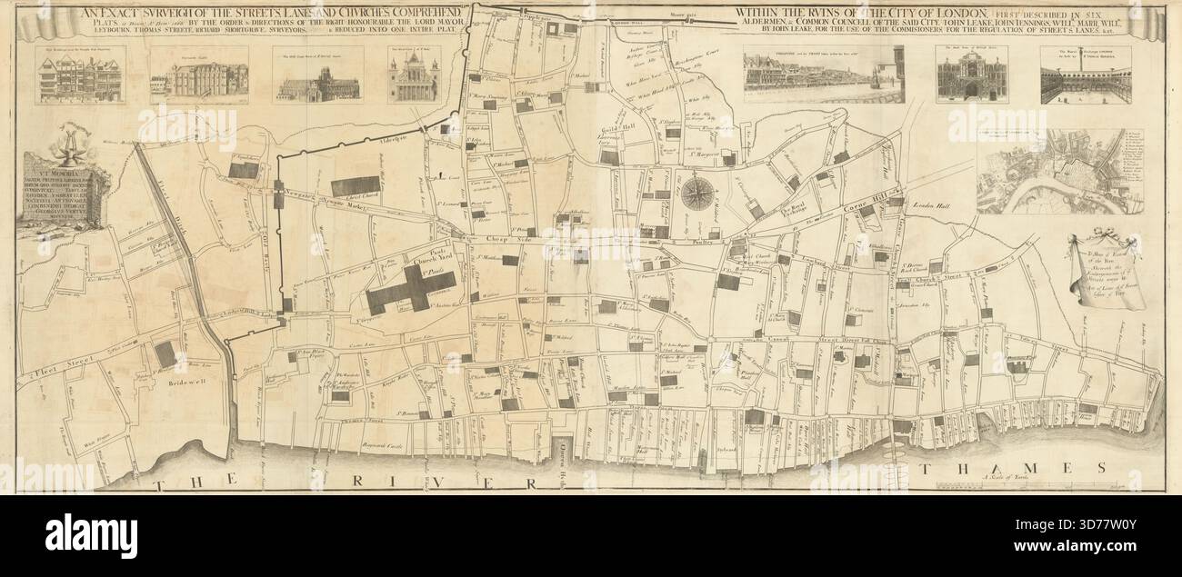 Un'esatta sorveglianza delle strade… Città di Londra fuoco mappa di John Leake 1723 Foto Stock