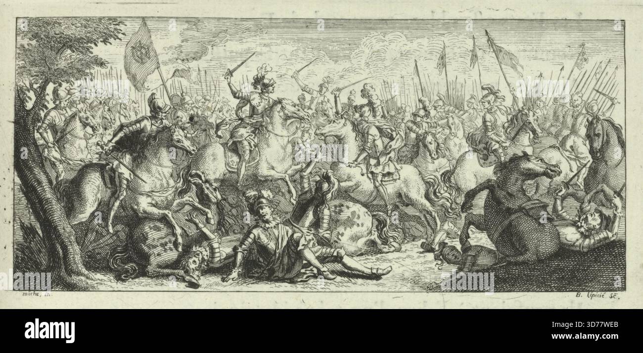Vignetta raffigurante una singolare battaglia tra due cavalieri, creata nel 1728 da Michel Nicolas Micheux. L'opera è associata alla storia delle guerre degli ugonotti (1562-1598) e presenta Enrico IV, re di Francia (1553-1610). Incisione pubblicata a Londra, Francia Foto Stock
