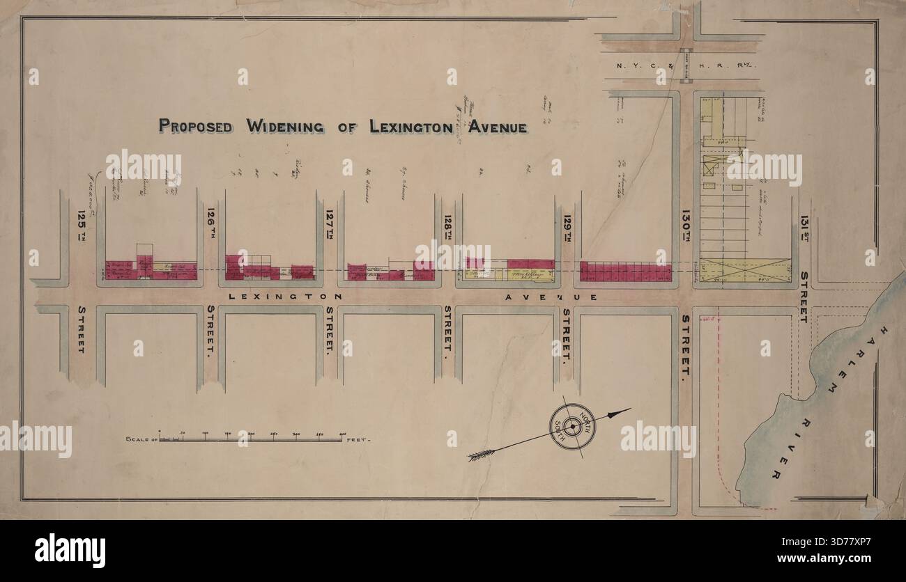 Mappa di pavimentazione che raffigura l'allargamento proposto di Lexington Avenue dalla 125th alla 131st Street, creato intorno al 1870. La mappa è colorata e misura 46 x 81 cm. Si trova a Manhattan, New York Foto Stock