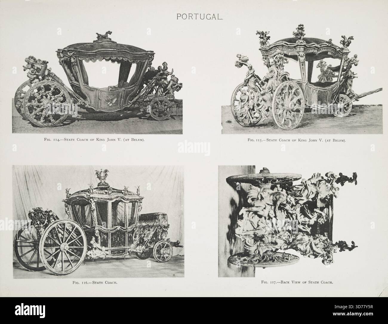 Fig. 114. - Allenatore di Stato del re Giovanni V (a Belem); Fig. 116. - Allenatore di Stato; Fig. 117. - Vista posteriore dell'allenatore di stato. Portogallo, 1899, Londra, Editore, Worshipful Company of Coach Makers and Coach Harness Makers Foto Stock