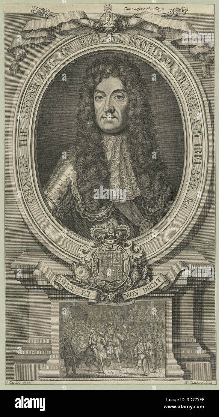 Ritratto di Carlo II, re d'Inghilterra, Scozia, Francia e Irlanda, creato da Sir Godfrey Kneller. L'opera d'arte risale al 1777-1890 e raffigura Carlo II, che regnò dal 1630 al 1685, rappresentante della famiglia reale inglese del XVII secolo Foto Stock
