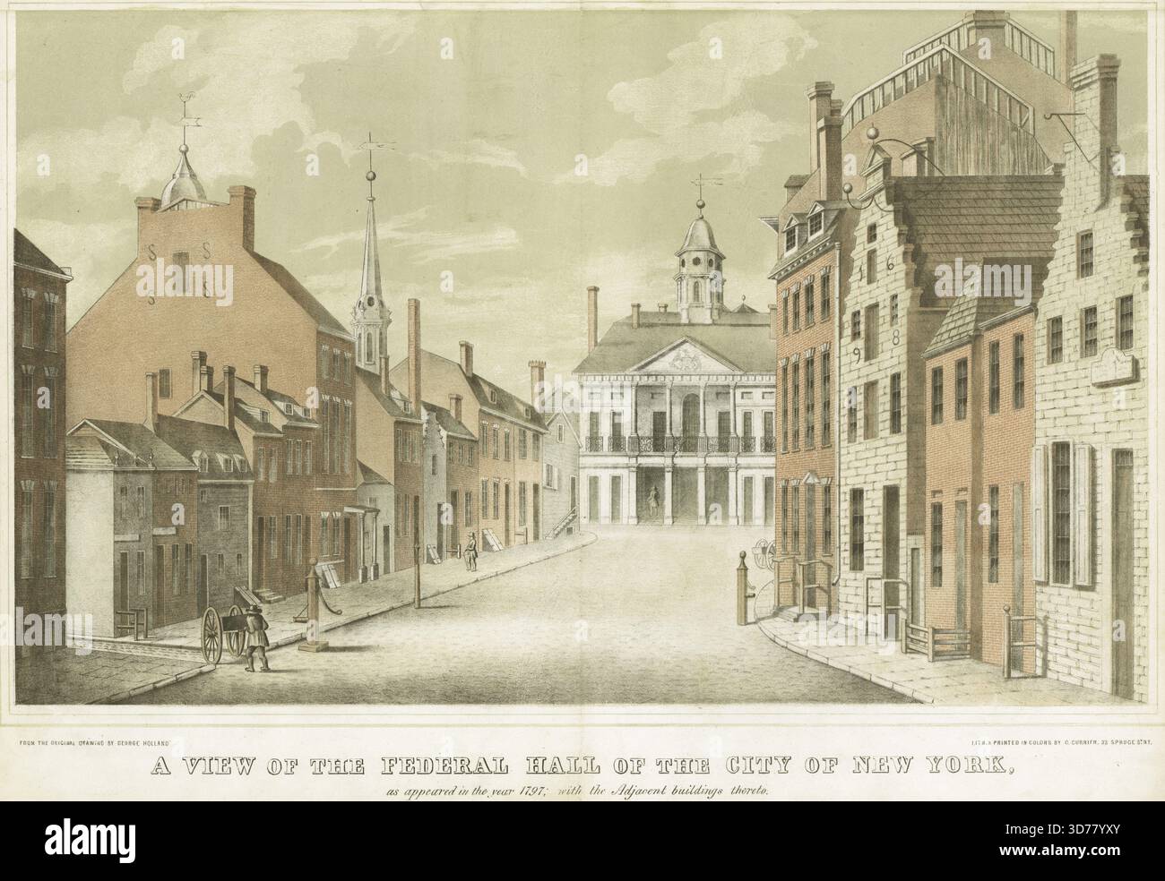 Una vista della Federal Hall di New York City come apparve nel 1797, mostrando gli edifici adiacenti., 1775 - 1890. New York (Stato), storia Foto Stock